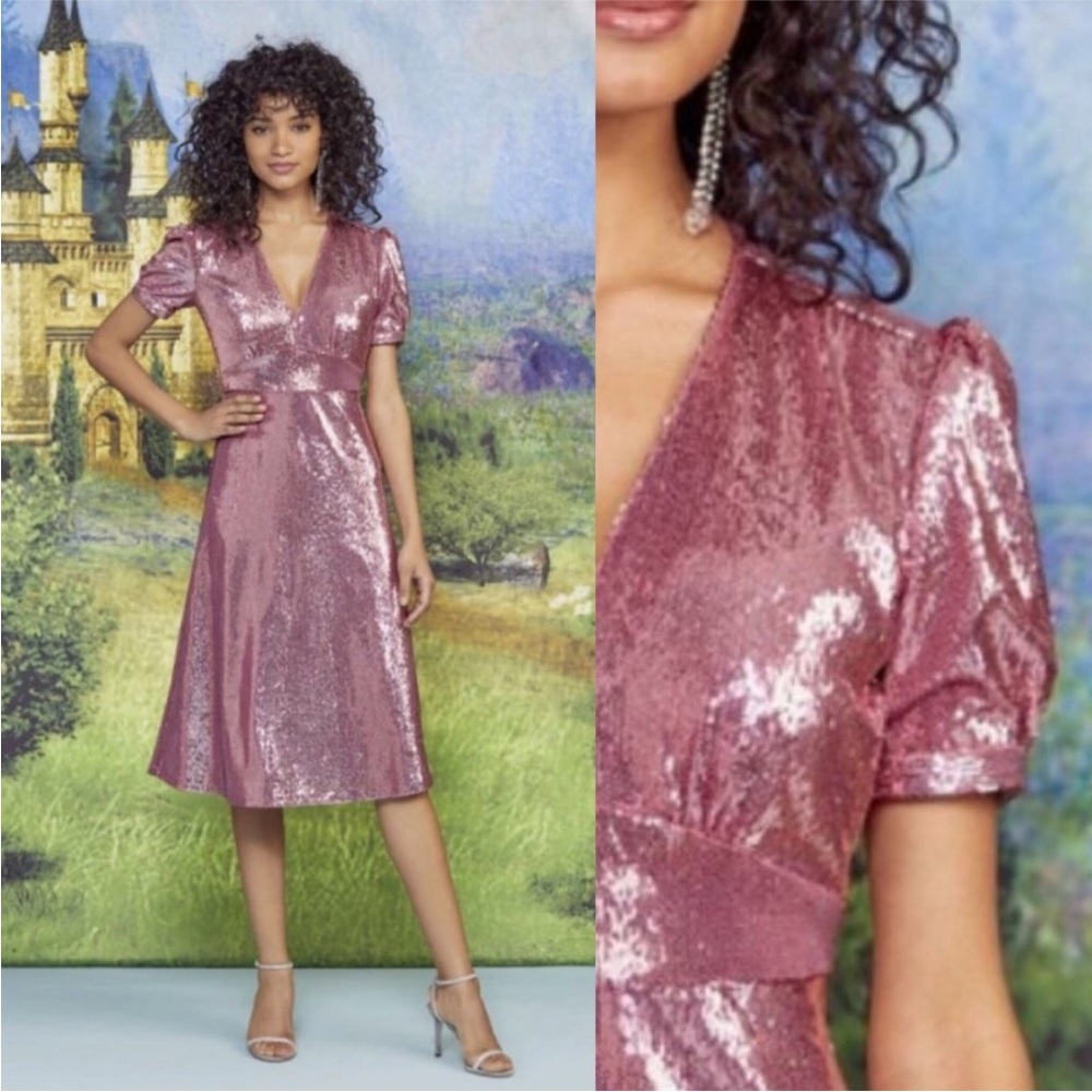 HVN Paula Deep V Neck Sequin Puff Sleeve Midi Dress Pink